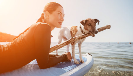 Woman Dog Paddleboard - Woman and dog enjoying a sunny day paddleboarding on the ocean.