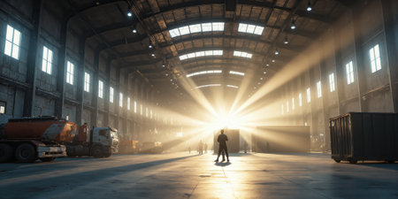 Distribution Center Dawn A massive distribution facility captured just as morning light begins to enter through clerestory windows, casting longの素材