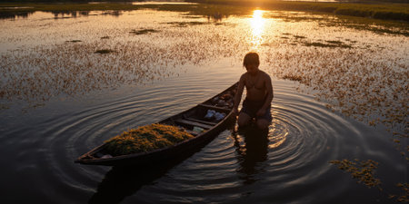 Wild Rice Harvesting Overhead view of indigenous gathering creating abstract ripple patterns in pristine waters with amber grain reflection inの素材
