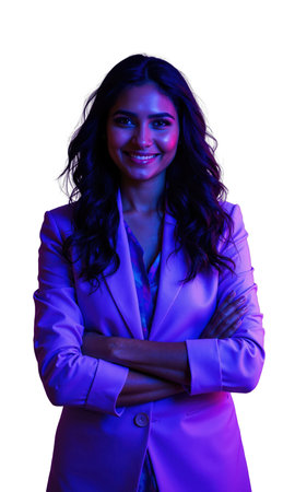A South Asian female entrepreneur in radiant violet, arms confidently folded, surrounded by futuristic digital patterns representing her influenceの素材