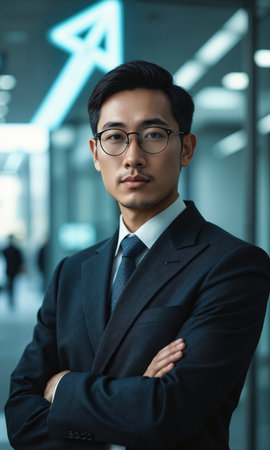 Asian male with an upward pointing arrow glowing near his shoulder, leadership in growth, isolated , photo-realistic, medium shotの素材