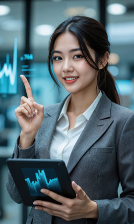 Asian Female Tech Leader Presenting Data Asian woman, 30s, sleek ponytail, gray blazer, pointing at floating graph on tablet, isolatedの素材
