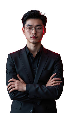 A youthful Asian entrepreneur in glitch-textured background, arms folded before neon kanji, representing digital rebellion, cultural coding, and subversion turnedの素材