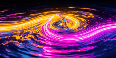 Abstract Water Ripples with Glowing Neon Light Trails in Pink and Yellow A dynamic and playful abstract background with glowingの素材