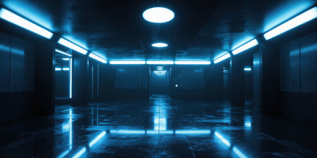 Cyber-Gothic Industrial Warehouse with Dark Reflective Floors and Ambient Blue LED Highlights - Glossy black resin flooring, deep industrial wallの素材