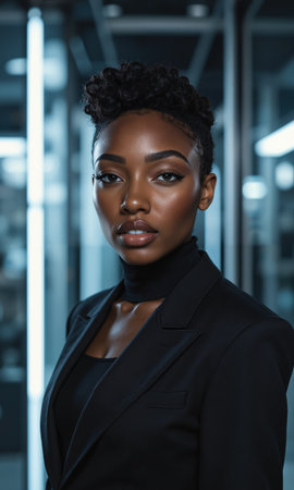 Black Female Systems Engineer Black woman, 35s, tech-robust attire, architecting complex systems, tech lighting.の素材