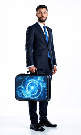 Middle Eastern man holding glowing digital briefcase, symbolizing empowerment in business, isolated , photo-realistic, medium shotの素材