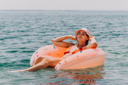 Woman Inflatable Float Beach Summer - Relaxing in a pink inflatable float on the ocean.