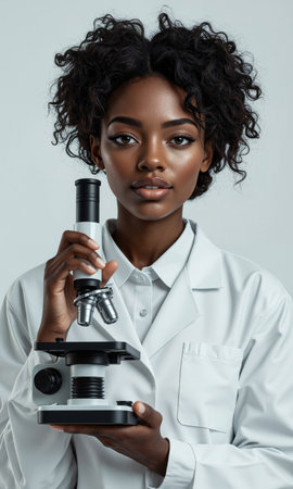 3D Black Researcher Microscope 3D stylized Black female 40 lab coat holds microscope, neutral light, shallow DOF, mediumの素材