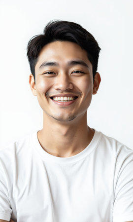 Happy Asian Man Portrait White T-shirt Isolated A medium close-up photo shows a young Asian man with short black hairの素材