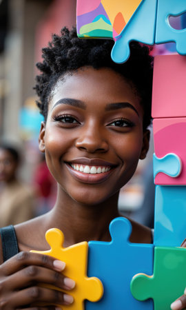 Black Woman Jigsaw Puzzle Final Piece Fit 30s female, casual, smiling fitting final jigsaw piece solution, transparent bg, photo-realistic, colorfulの素材