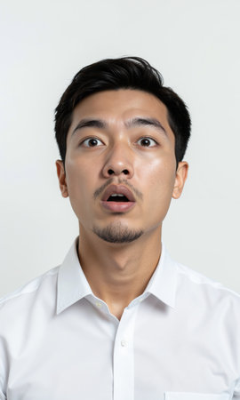 Shocked Asian Man White Shirt Expression Isolated A medium shot photo shows an Asian man wearing a white shirt, lookingの素材