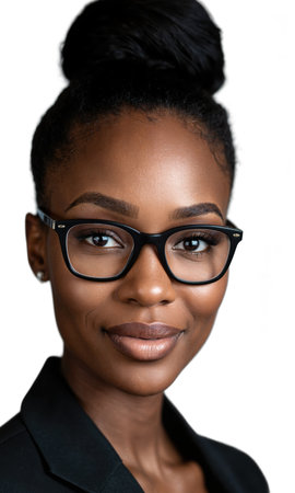 A Black female CEO with an elegant bun and sharp glasses, her expression radiating strength and wisdom, symbolizing the transformationの素材