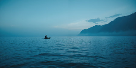 Blue Mind Therapy Minimalist ocean horizon at exact moment where sky and water create perfect color match, rendering abstract monochromaticの素材