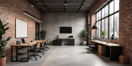 Industrial-style office with concrete floors, metal desks, and exposed brick walls. Add an interactive whiteboard for collaborative workの素材