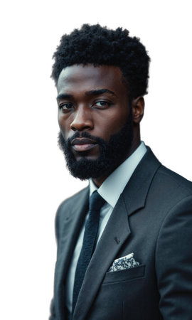 A Black male leader in a smart gray suit, exuding confidence as futuristic business trends and AI-driven financial growth surroundの素材