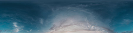 Seamless 360 HDR spherical panorama of sunset sky with vibrant pink Cirrus clouds. Full zenith or sky dome in 3D, sky replacement for aerial drone panoramas. Climate and weather change.の写真素材