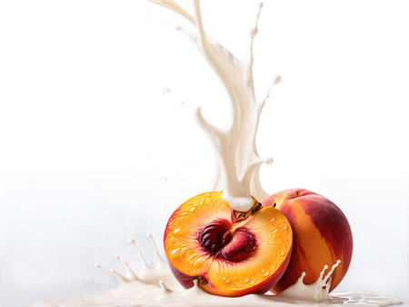 Peach Sliced peach with orange-red flesh falling into milk, juice droplets splashing around, soft and vibrant against the white background.の素材