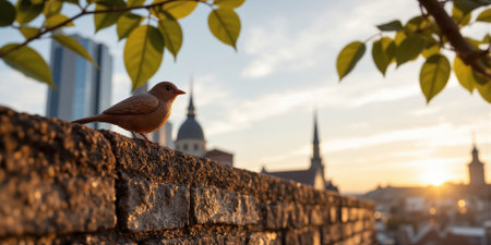 A tiny, hand-carved wooden bird perched on a weathered stone wall, the fine details of the birds feathers highlightedの素材
