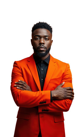 A Black male business leader in vivid orange, arms confidently crossed with a bold look, illuminated by light representing hisの素材