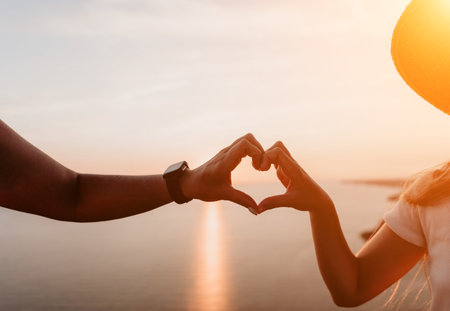 Silhouetted Couple Creating Heart Shape at Sunsetの写真素材