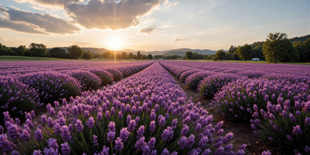 Lavender Linear Abstraction Overhead view of lavender field rows creating abstract parallel lines in trending purple monochromatic palette without visibleの素材