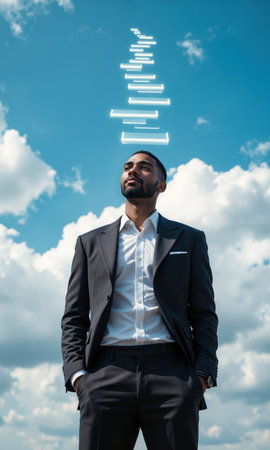 Black Man with Floating Digital Ladder to Sky Black man, 30s, modern outfit, looking upward, light steps forming a ladderの素材
