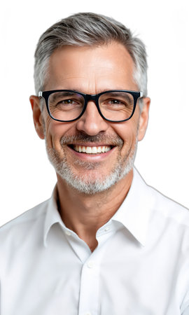 Man Mature Smiling. A mature Caucasian man with short grey hair, glasses, and a slight beard, wearing a white collaredの素材
