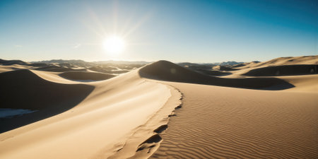 Minimalist Desert Dunes Elegant curves of pristine sand dunes extending to the horizon, creating a sculptural landscape of lightの素材