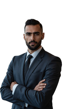 A Middle Eastern male entrepreneur in a modern office space, arms confidently crossed, his gaze intense, symbolizing vision, strengthの素材