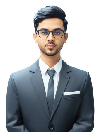 Commercial Litigation Lawyer A young South Asian man, 30-35 years old, with short black hair, wearing glasses and a businessの素材