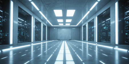 Techno-Minimalist Data Vault Concrete industrial bunker with embedded fiber optic light lines pulsing through floors and walls displaying real-time dataの素材