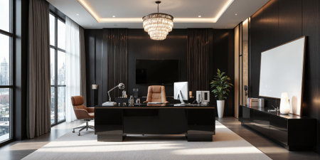 Executive home office with a black lacquer desk, leather chair, and crystal chandelier. Include a projector screen for presentationsの素材
