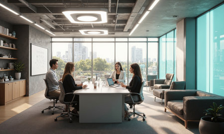 Corporate breakout room with AI-powered collaboration tools, comfortable seating, and modern design. The room includes a smart table, interactive whiteboards, and adjustable seating ..の素材
