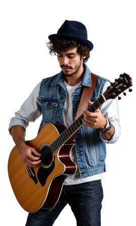 urban street musician - A mid-shot of a man with curly hair playing an acoustic guitar, wearing a denim vestの素材