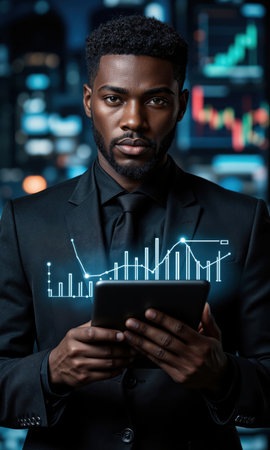 Black male executive with short curly hair, looking confidently at the camera, holding a tablet with glowing financial graphsの素材