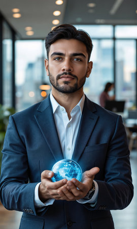 Hispanic man in business casual holding tech orb symbolizing digital trust, focused look, isolated , photo-realistic, data hues, mediumの素材