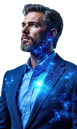 A visionary male CEO in royal blue, surrounded by holographic representations of financial success and international impact, symbolizing his emotionalの素材