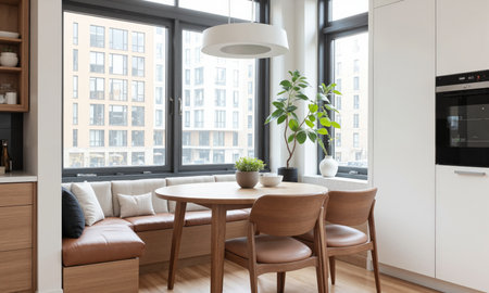 A modern kitchen nook with a round wooden dining table in a matte walnut finish, surrounded by four minimalist chairs with mocha mousseの素材