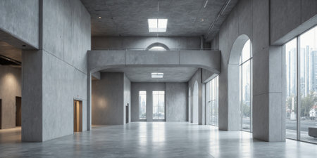 Minimalist Brutalist Warehouse with Raw Concrete Surfaces - Heavy raw concrete texture, open double-height ceilings, exposed trusses, subtle skylight illumination,の素材