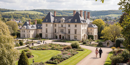 Chateau Garden Couple Walking Sunny Day at Elegant Estateの素材