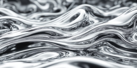 3D Liquid Chrome Waves in Ultra-Shiny Platinum Silver A futuristic and metallic abstract design showcasing fluid chrome waves reflecting ambientの素材