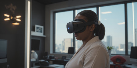 Senior Virtual Reality Cognitive Fitness - A 75-year-old African American woman engaging in cognitive fitness exercises through an immersive VRの素材