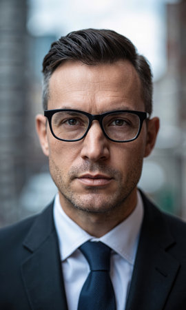 White male CEO with clean side-part hair and square black glasses, his serious gaze cutting through layered urban grids, representingの素材