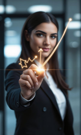 Middle Eastern Woman with Stylus Drawing Growth Arrows in Air Middle Eastern woman, 30s, creative businesswear, sketching glowing lines, isolatedの素材