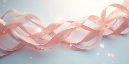 Interwoven ribbons in pastel hues twist elegantly into infinity loops, set against a clean white canvas; overhead camera angle capturesの素材