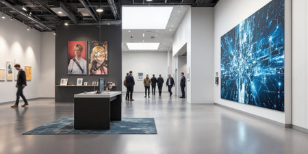 Architectural Industrial Exhibition Space with Smart Augmented Reality Integration - Light gray polished floors, high-performance digital wall mapping, soft naturalの素材