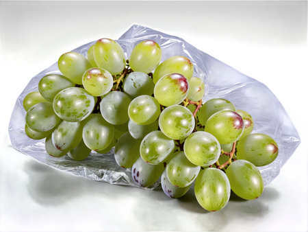Grapes (Vitis vinifera) A bunch of green or purple grapes wrapped in clear plastic. The grapes smooth skin and vibrantの素材