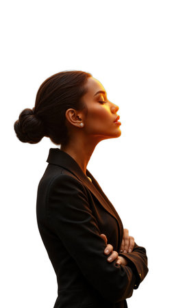 A dynamic female leader, bathed in golden light, with floating figures of financial growth and technological advancement surrounding her, embodyingの素材