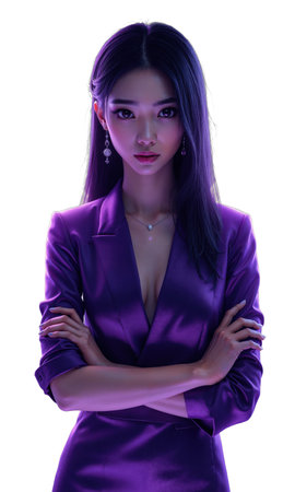 A visionary Asian female CEO in violet and silver, arms folded, surrounded by translucent phoenix wings forming user ratings, symbolizingの素材